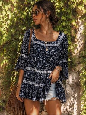 FREE PEOPLE Navy and White Boho Tiered Lace Bell Sleeve Blouse, M